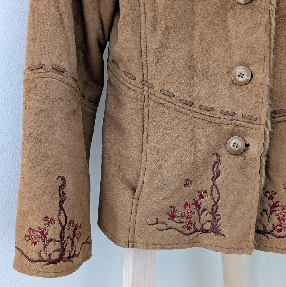 Vintage Faux Suede Faux Fur Collared Floral Embroidered Whipstitch Jacket Camel - Picture 3 of 7
